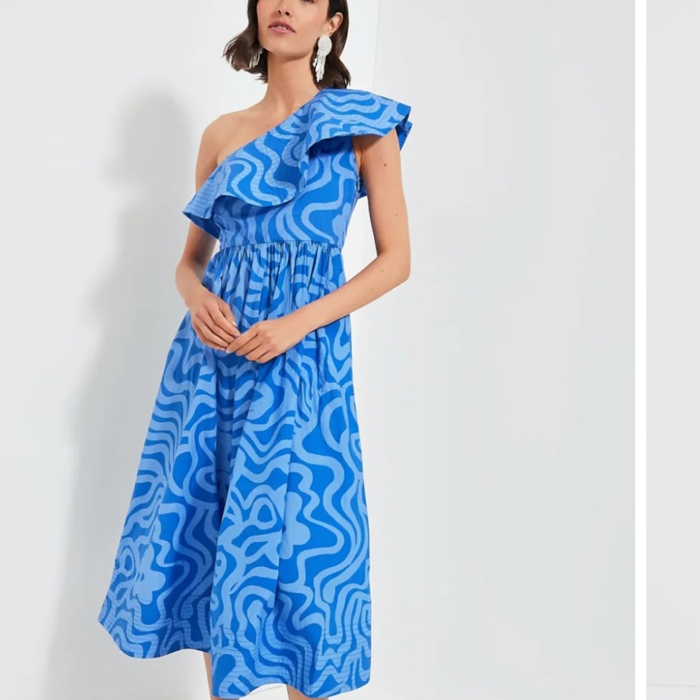 NWT Oliphant Blue Cotton Ashbury One Shoulder Ruffle midi dress M